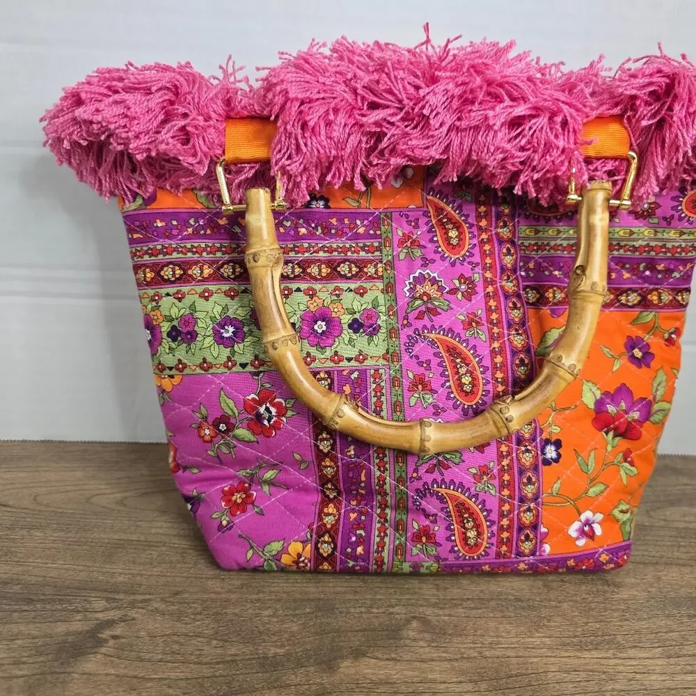 Boho Tapestry Quilted Tote Bag with Bamboo Handles & Magenta Fringe